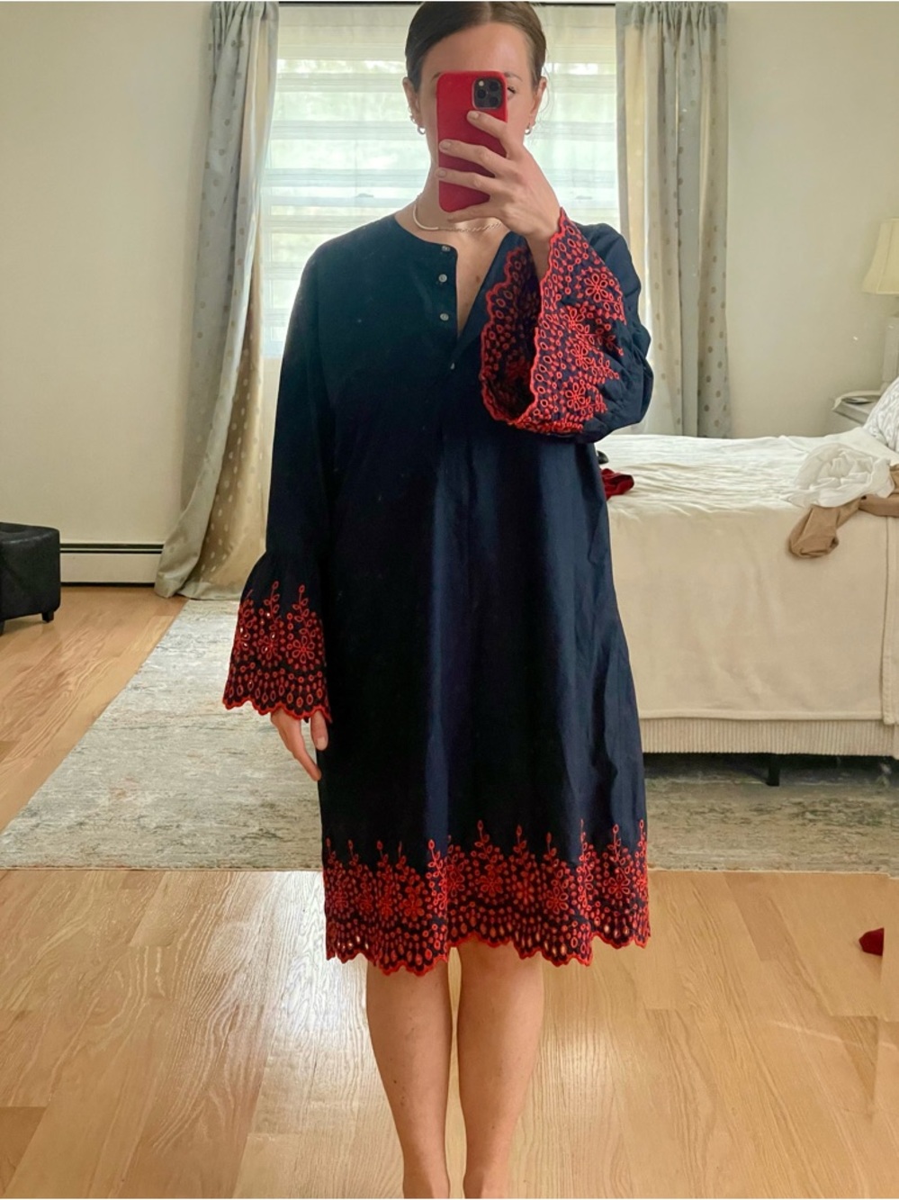 Navy Dress with Red Embroidered Hem and bell sleeves